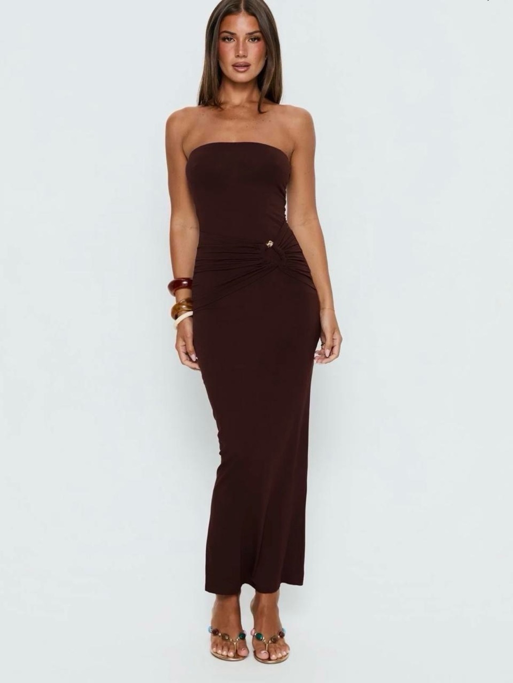 Princess Polly Chocolate Brown Strapless Ruched Maxi Dress
